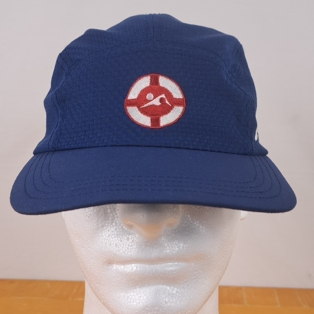 Rare Vintage Nike Swoosh mesh 5 panal lifeguard Stitch Logo blue Latch Tab hat